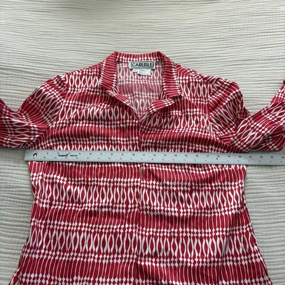Vintage Carlisle Blouse Womens Size 14 Red White 100% Silk Tunic Button Front - Picture 6 of 8